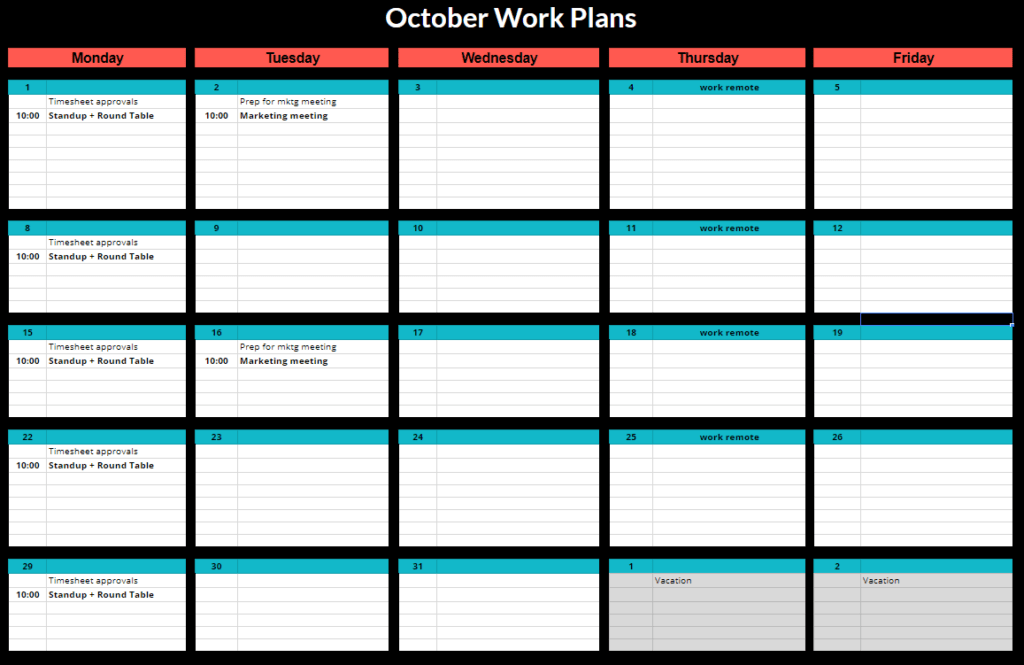 A monthly calendar used to chart productivity