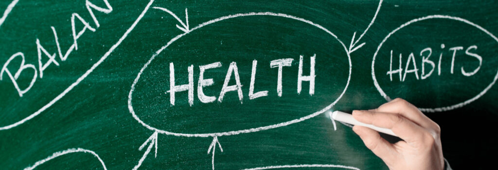 A chalkboard drawing of different aspects of good health, part of overall corporate wellness