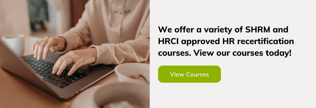 Call to action of a person typing on laptop, regarding VTR Learning HRCI and SHRM courses