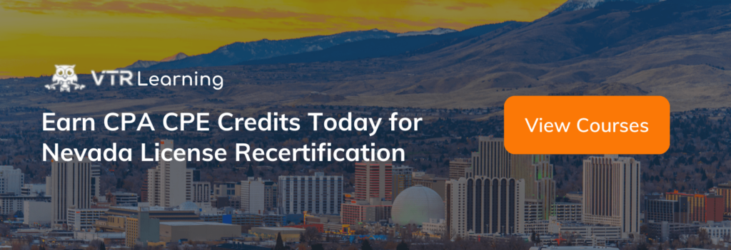 A call to action inviting Nevada CPAs to earn CPE with VTR Learning courses