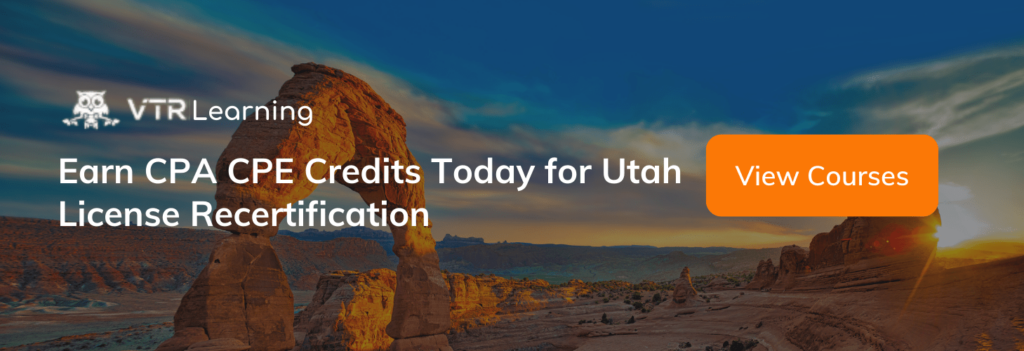 A call to action inviting Utah CPAs to earn CPE with VTR Learning courses