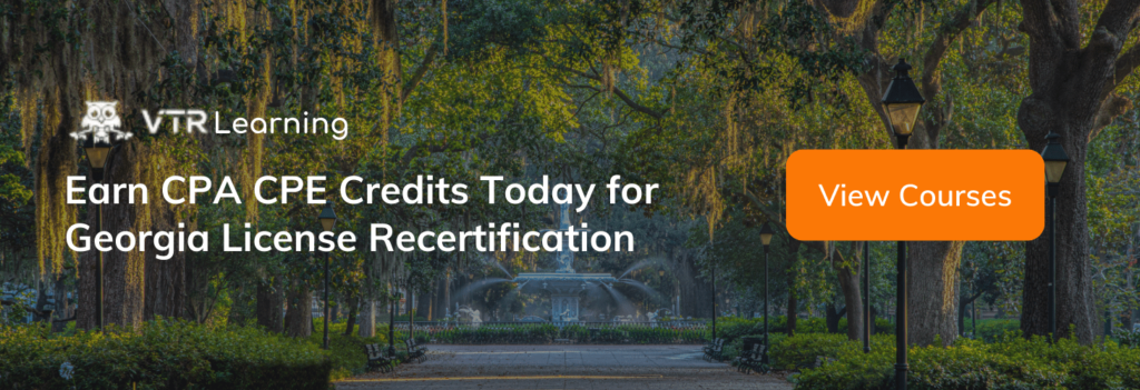 A call to action inviting Georgia CPAs to earn CPE with VTR Learning courses