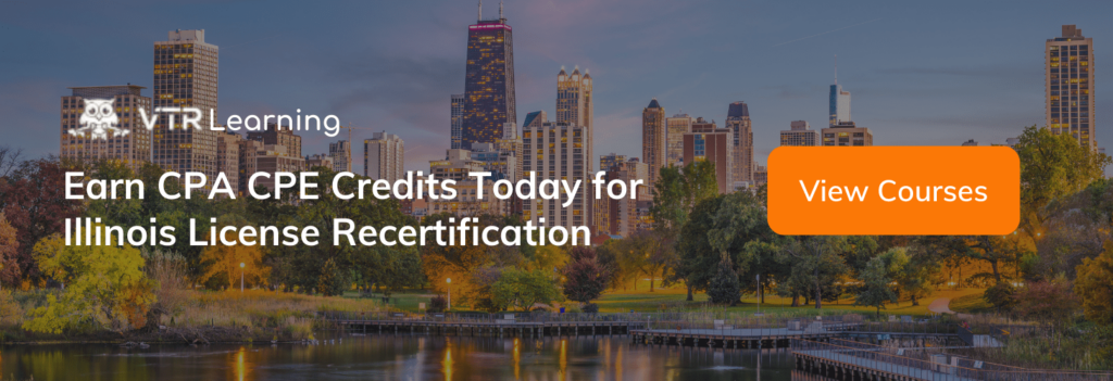 A call to action inviting Illinois CPAs to earn CPE with VTR Learning courses