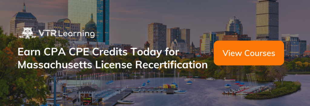 A call to action inviting Massachusetts CPAs to earn CPE with VTR Learning courses