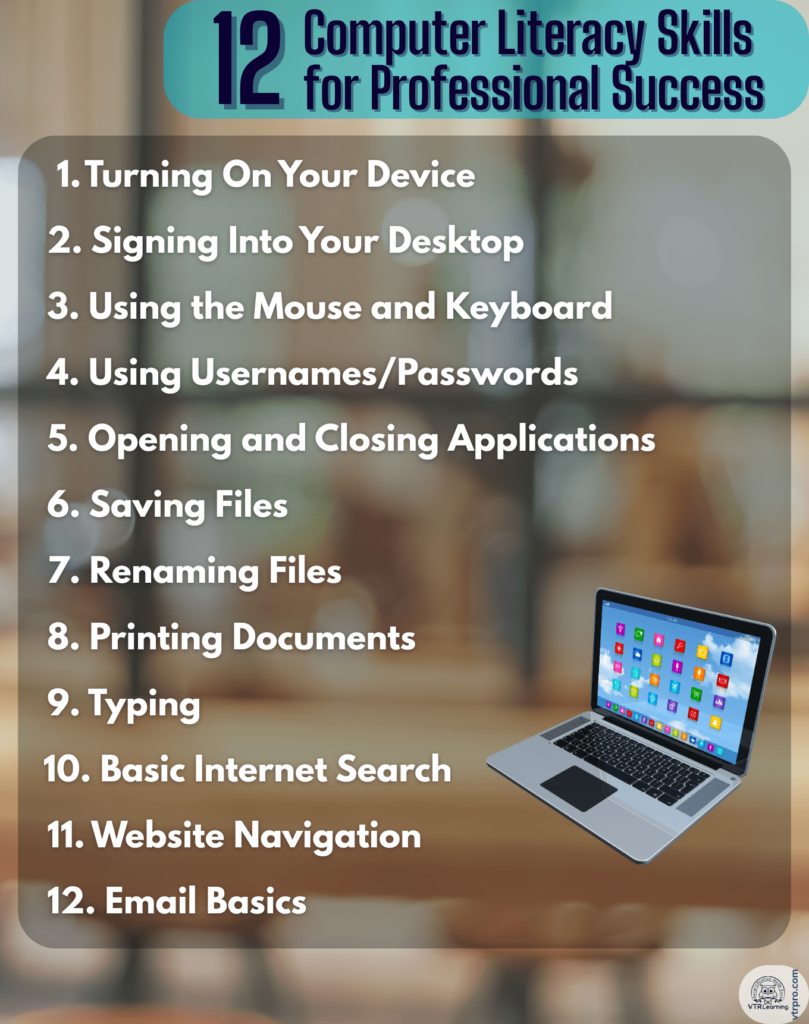 An infographic that depicts 12 computer literacy skills every person should have